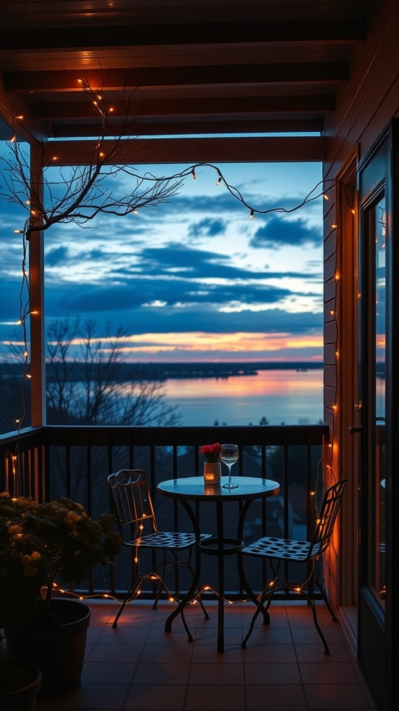 Cozy balcony with a bistro set illuminated by fairy lights, overlooking a sunset view.