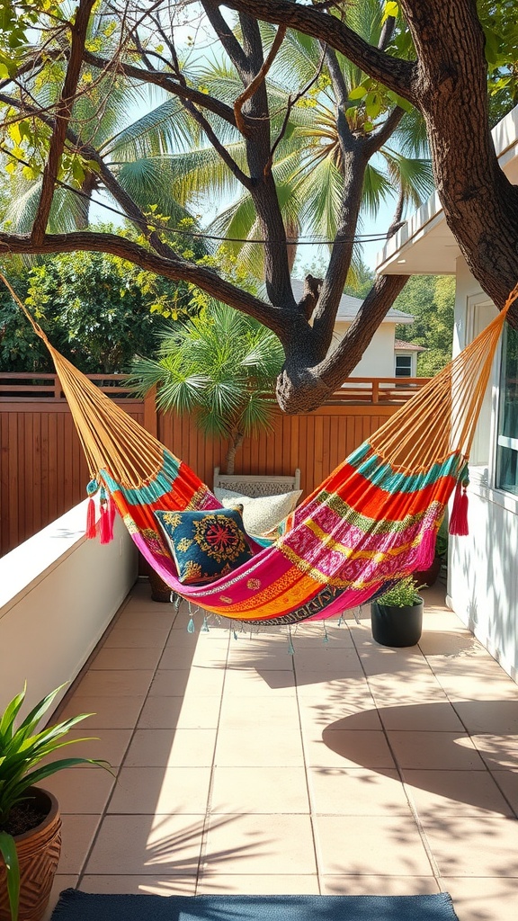 A vibrant bohemian-style hammock hanging between trees on a patio.