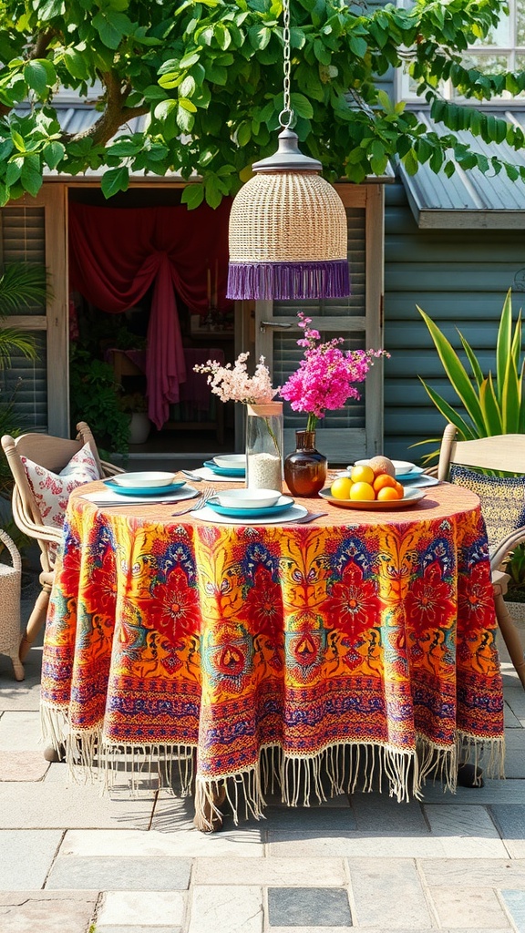 Outdoor table set with a bohemian fabric tablecloth featuring vibrant floral patterns, blue plates, and fresh flowers.