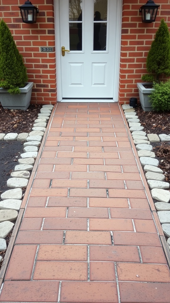 A brick walkway leading to a white front door with decorative stone borders and potted plants on either side.