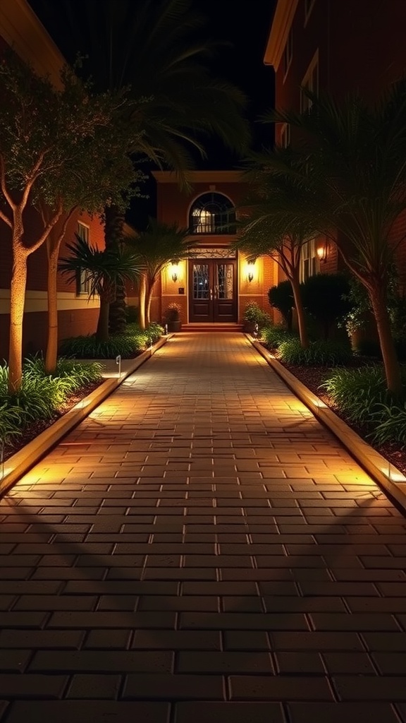 Brick walkway lined with integrated lighting leading to a front door at night