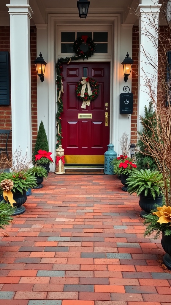 A beautifully decorated brick walkway leading to a red front door, adorned with seasonal plants and festive decorations.