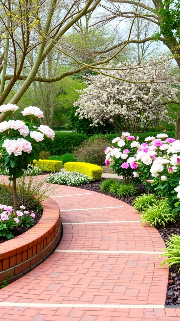 A curved brick walkway surrounded by colorful flowers in a garden.