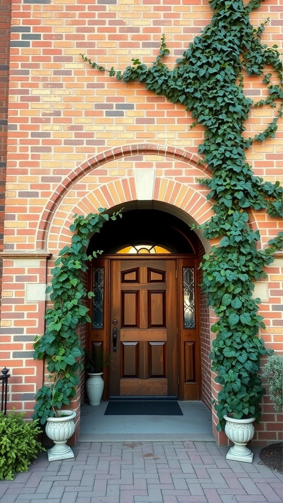 A beautiful brick archway entrance framed by green vines and a wooden door.