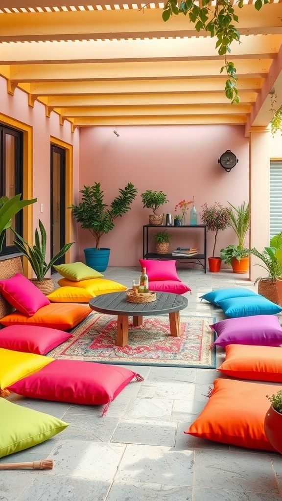 A patio space with colorful floor cushions in various shades, creating a vibrant and inviting atmosphere.