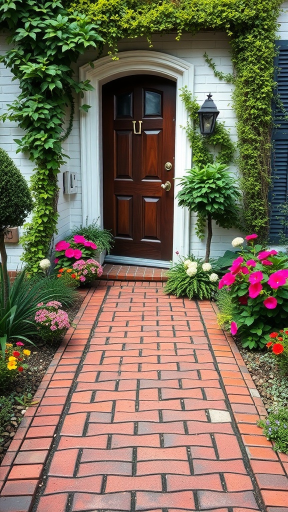 A charming herringbone brick pathway leading to a front door, surrounded by colorful flowers and greenery.