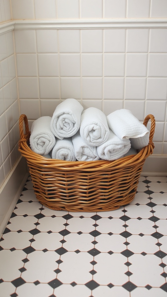 A wicker basket filled with rolled towels in a bathroom setting.