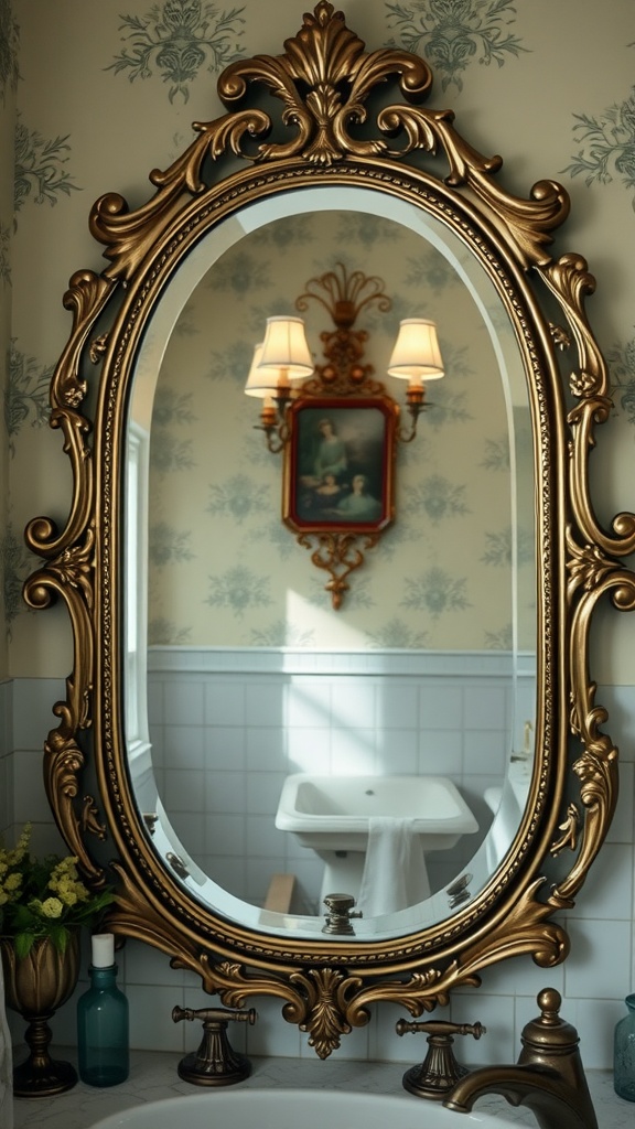 A beautifully ornate antique mirror reflecting a vintage bathroom setting