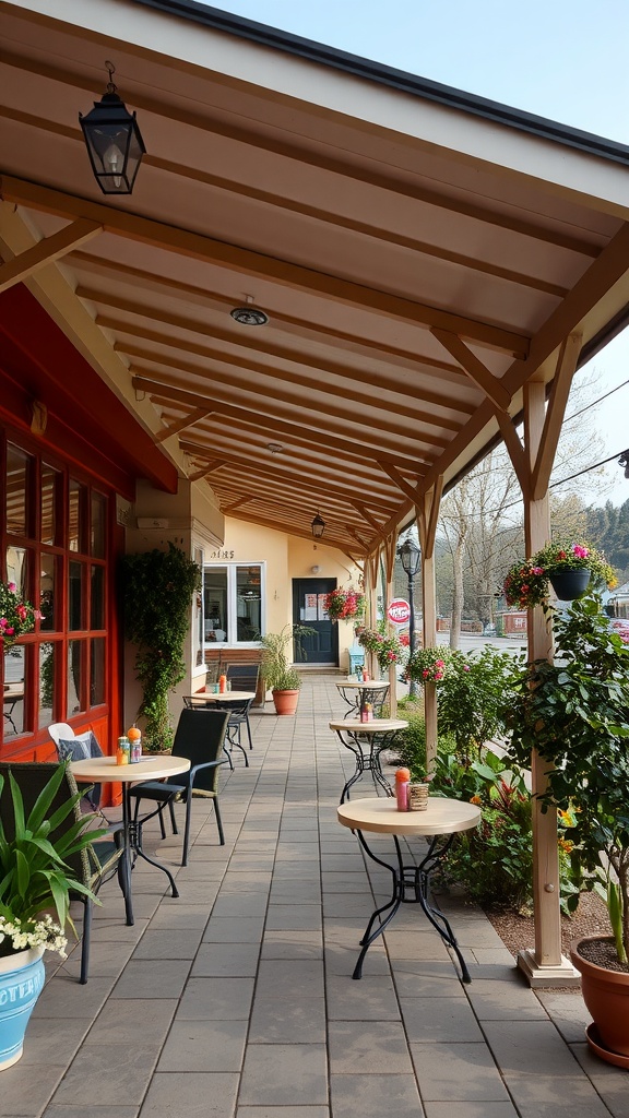 Covered patio with bistro-style tables and hanging flower pots