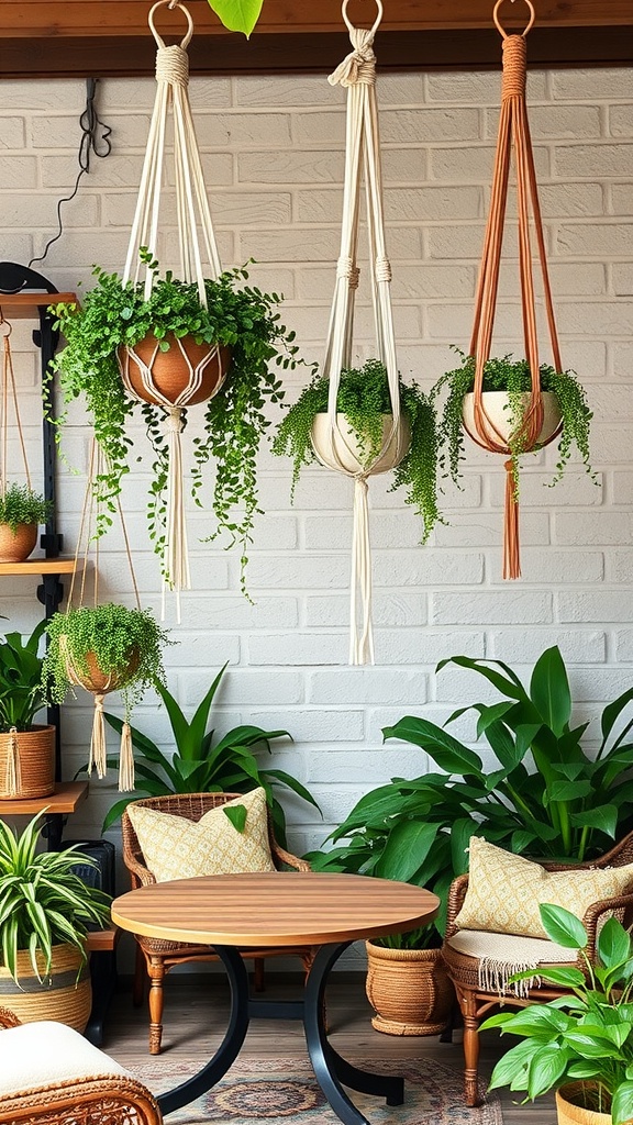 Stylish macramé plant hangers with lush plants suspended in a cozy outdoor setting.