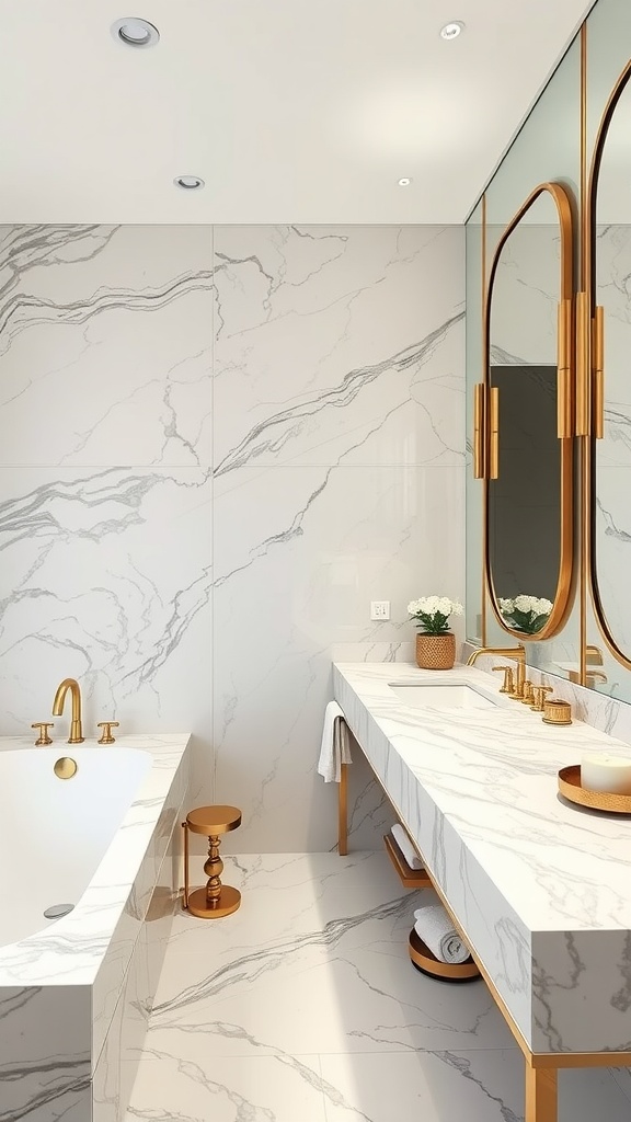 A luxurious bathroom featuring chic marble surfaces with modern fixtures.