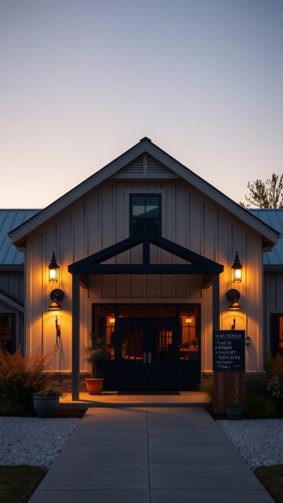 Chic outdoor lighting illuminating the entrance of an industrial farmhouse.