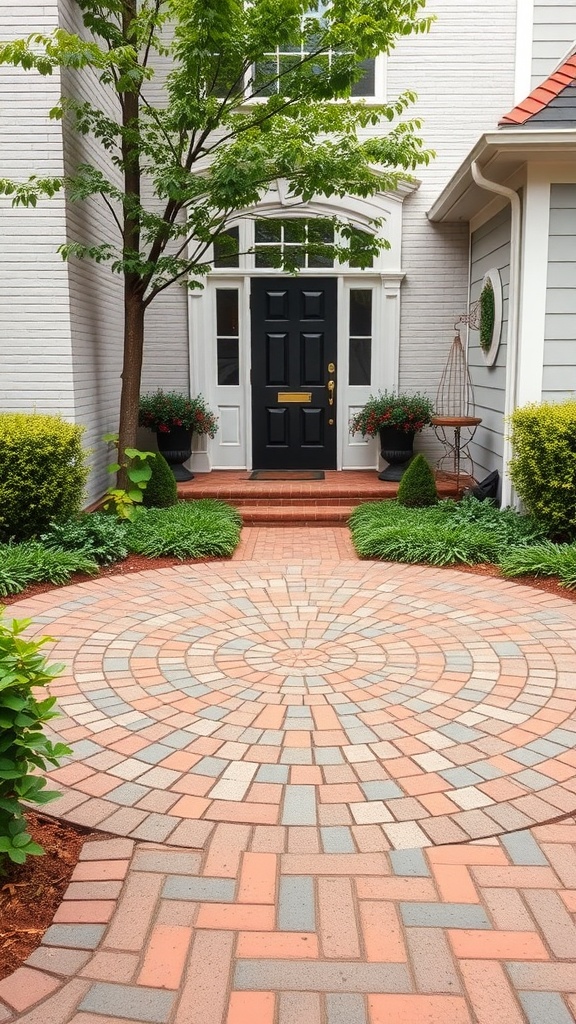 A circular brick patio leading to a front door with a black door and greenery around it.