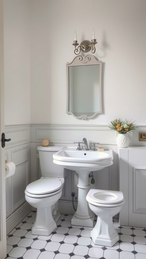 A vintage-inspired French bathroom featuring classical porcelain fixtures, including a sink and toilet, with elegant wall paneling and hexagonal tiled floor.