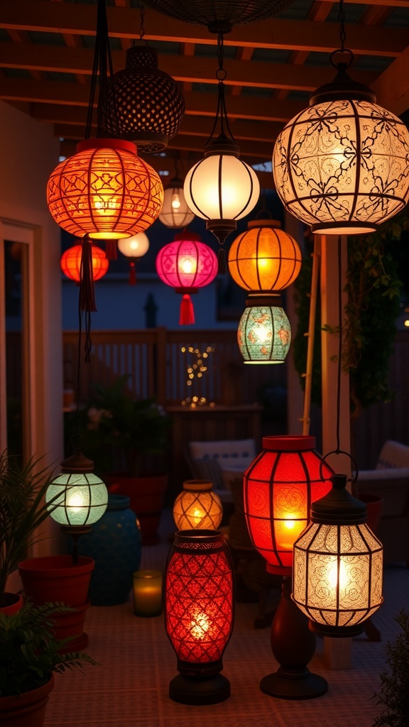A collection of colorful lanterns hanging in an outdoor patio setting.