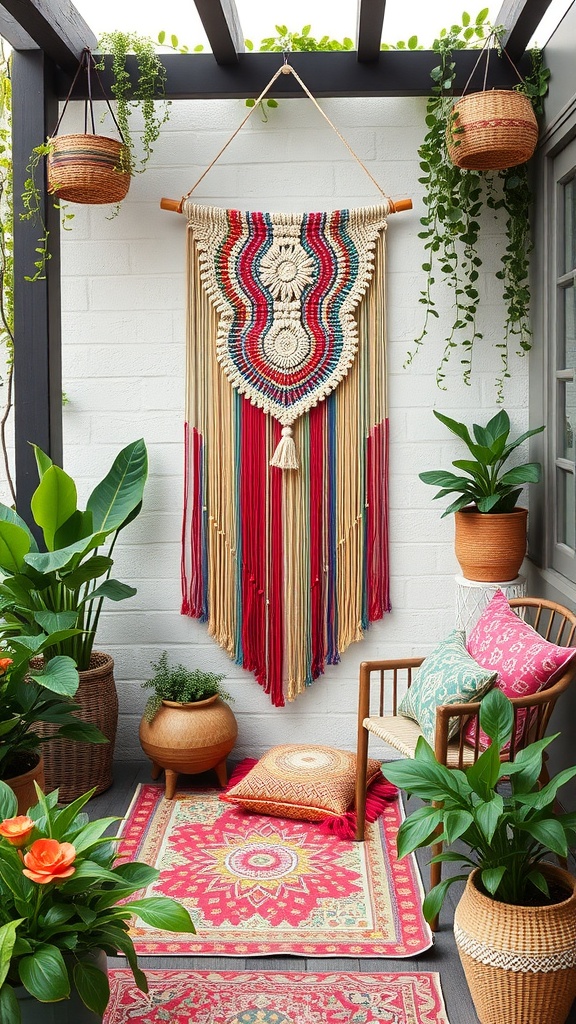 Colorful macramé wall hanging with red, blue, and beige accents in a cozy patio setting.