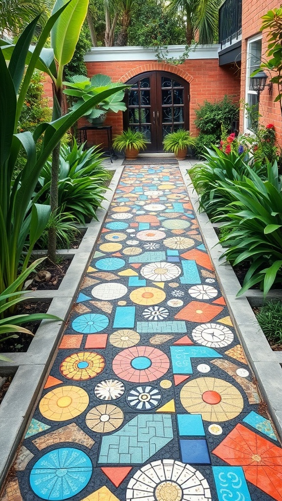 Colorful mosaic tile path surrounded by lush greenery