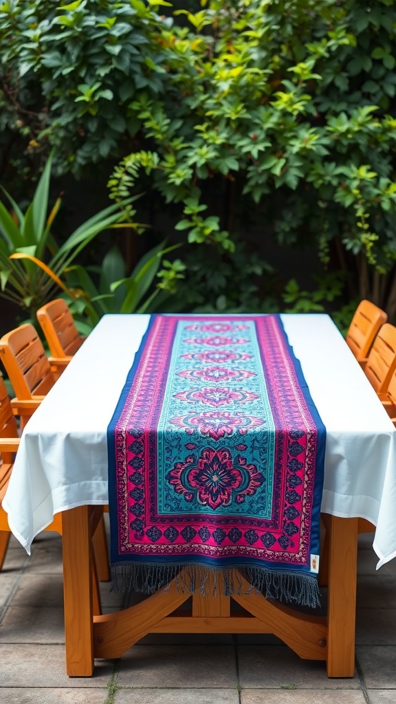 A vibrant and colorful table runner on a wooden outdoor table surrounded by green foliage.