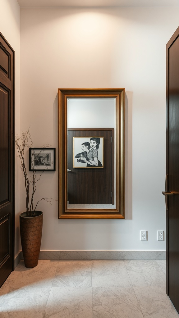 Entryway featuring a stylish mirror and framed wall art.
