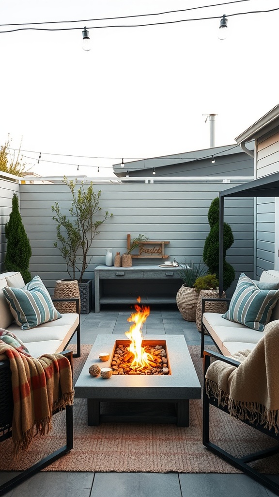 A cozy compact fire pit seating arrangement featuring two chairs, a fire pit in the center, and string lights overhead.