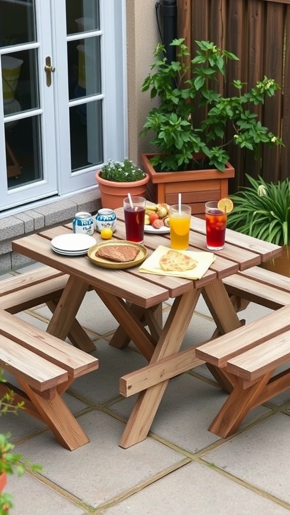 A compact wooden picnic table for two with drinks and snacks on it, surrounded by potted plants.