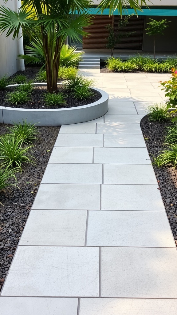A modern concrete slab pathway winding through a landscaped garden with plants and a tree.