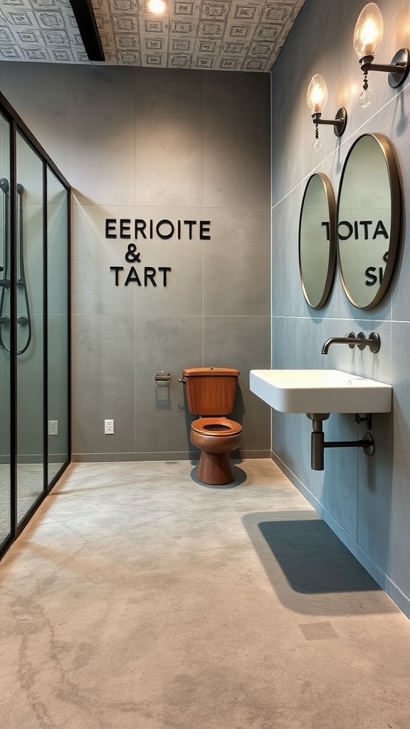 A modern bathroom featuring contemporary concrete flooring, a wooden toilet, and stylish mirrors.