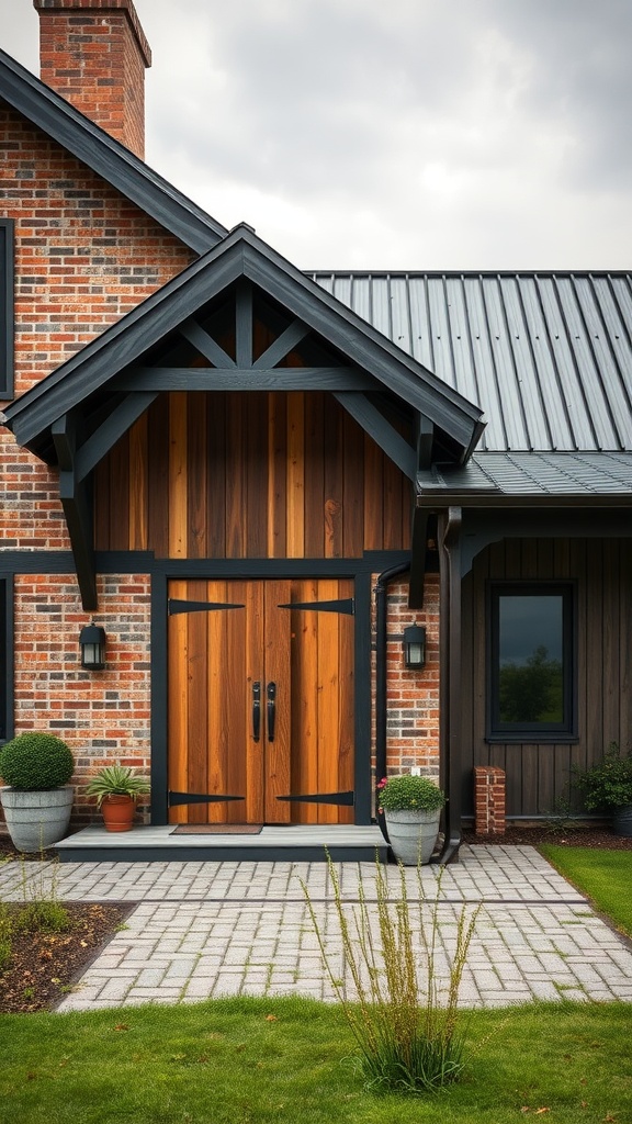 A beautiful industrial farmhouse exterior featuring a wooden door against a brick wall, with a modern roof and greenery