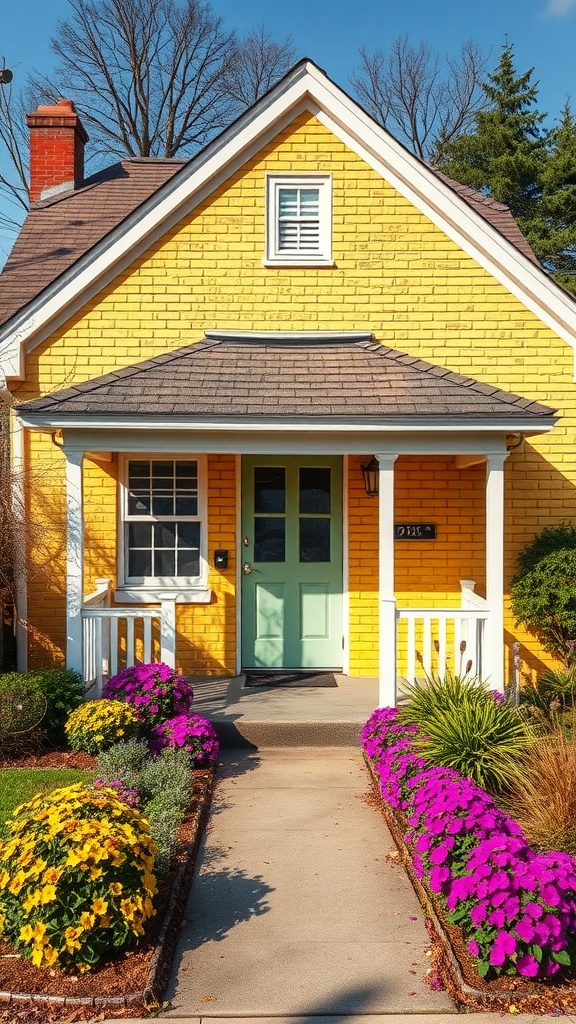 Cozy yellow brick bungalow with flower beds