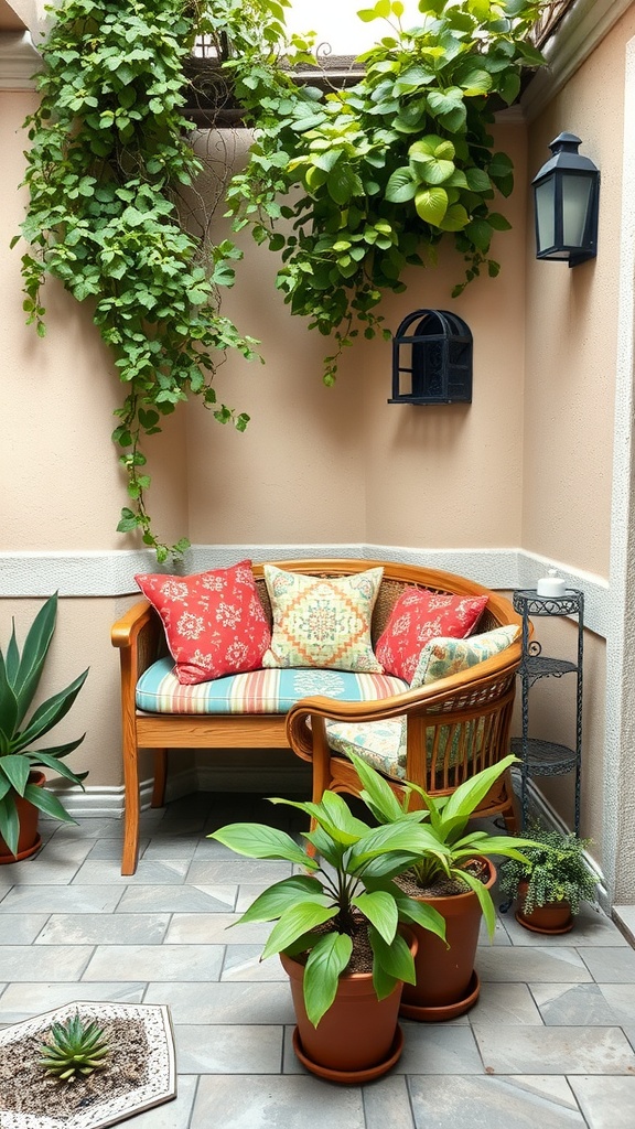 A cozy corner bench with cushions, surrounded by plants in pots, with a lantern nearby.