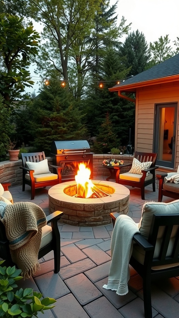 Cozy outdoor fire pit with seating and blankets