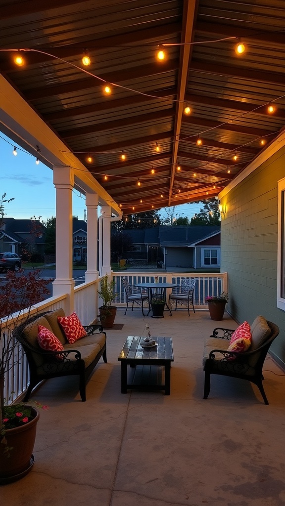 Cozy outdoor patio with string lights and seating area
