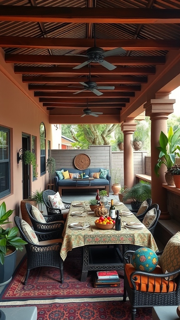 A covered patio with an outdoor dining area featuring a beautifully set table, comfortable seating, and vibrant decor.
