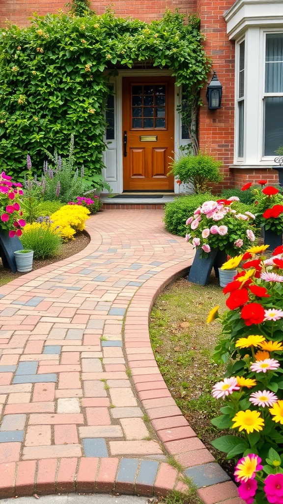 Curved brick pathway lined with vibrant flowers leading to a front door