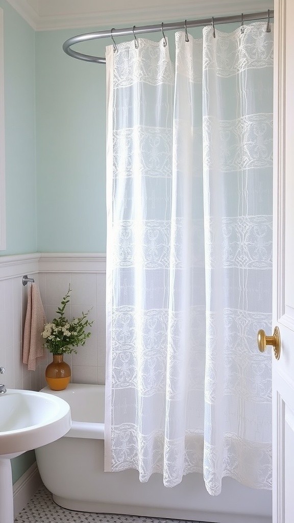 Lace shower curtains hanging in a bright bathroom with a vintage touch.