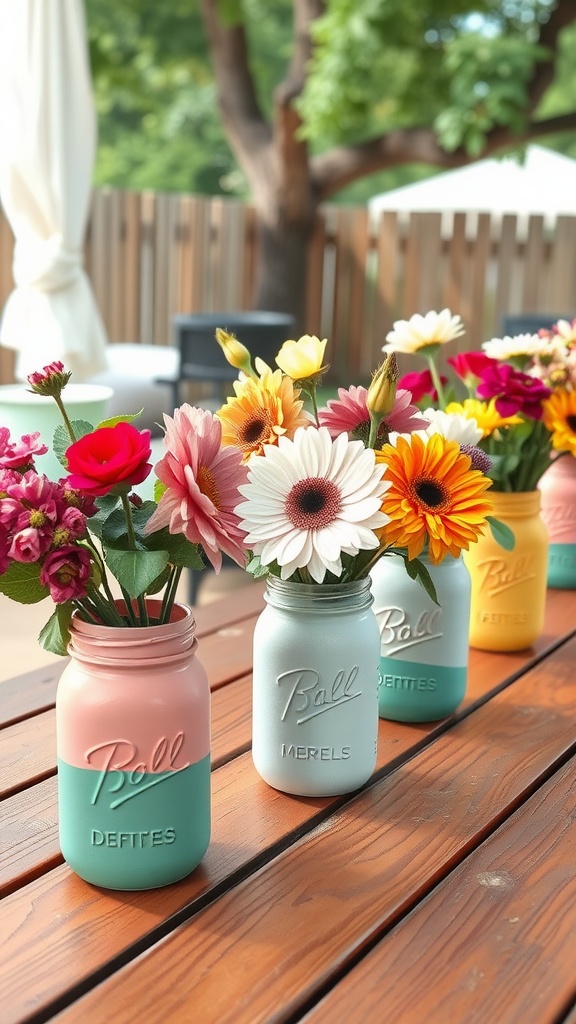 Colorful DIY painted mason jars filled with flowers on a wooden table.