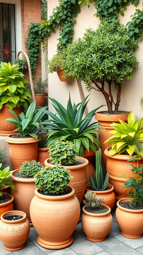 A collection of earthy terracotta pots filled with various plants in an outdoor setting.