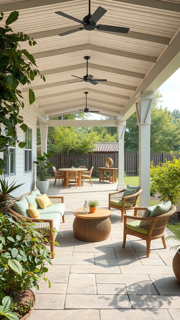 Eco-friendly outdoor dining area with a covered patio, wooden furniture, and lush greenery