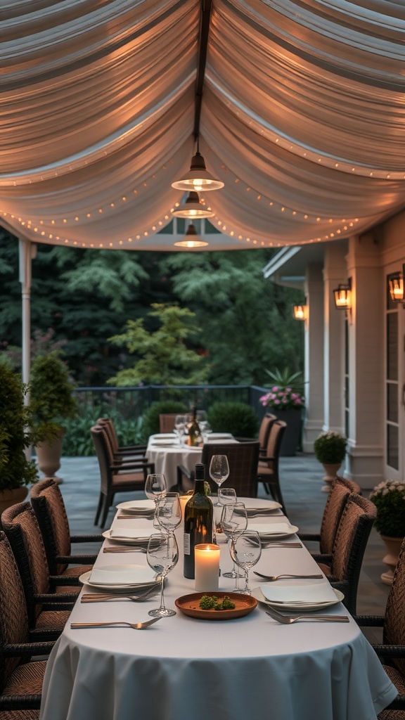 Outdoor dining area with a beautifully draped ceiling, set for an elegant meal