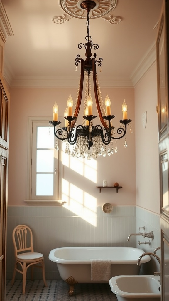 A vintage-style chandelier hangs elegantly in a pink bathroom, illuminating the space with warm light.