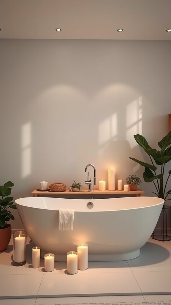 A luxurious freestanding bathtub surrounded by candles and plants, creating a serene spa-like atmosphere.