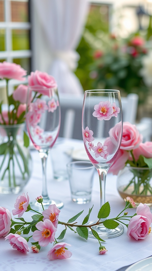 A table set outdoors with elegant glassware featuring floral designs, complemented by fresh pink roses and greenery.