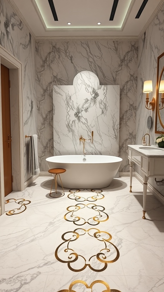 A luxurious bathroom featuring white marble flooring with gold patterns, a freestanding bathtub, and elegant fixtures.