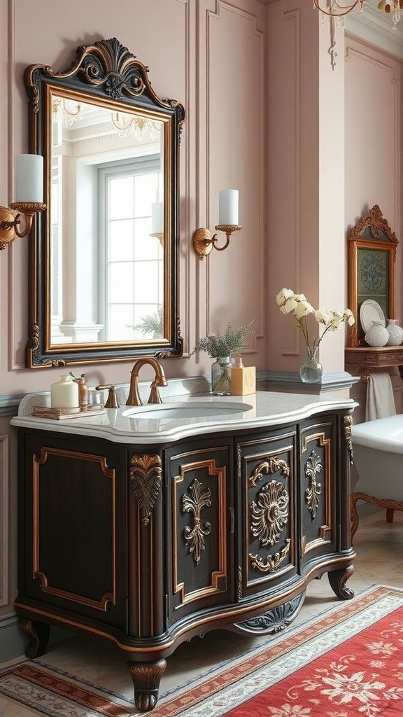 Luxurious French bathroom vanity with intricate designs and gold accents.