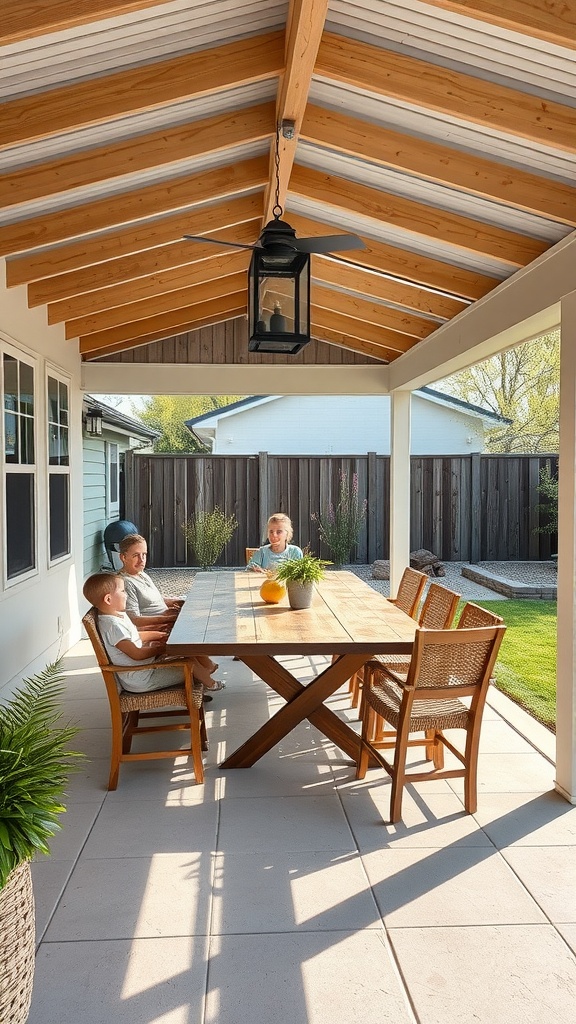 Outdoor dining area with a large table, wooden ceiling, and children playing in the background.