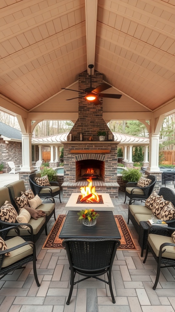 A cozy covered patio with a fireplace, comfortable seating, and a central table, creating a warm gathering space.