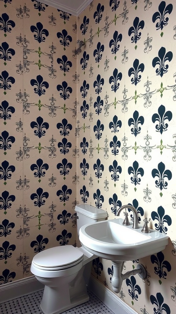 A bathroom with Fleur-de-lis patterned wallpaper in navy blue and light beige.