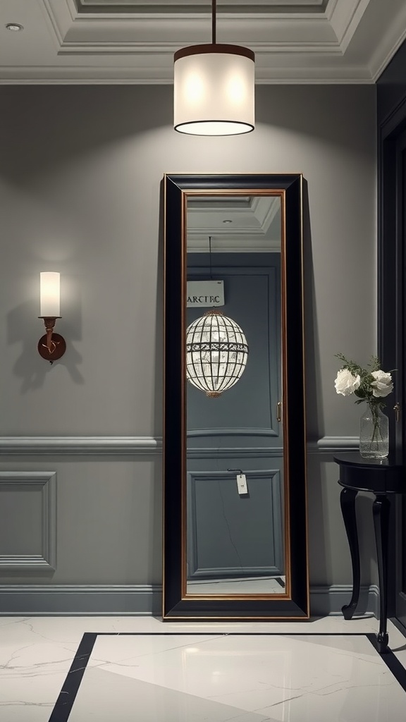 A stylish floor-length mirror in a modern foyer setting.