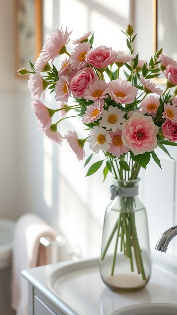 A beautiful floral arrangement with pink roses and daisies in a vintage vase, placed on a bathroom countertop.
