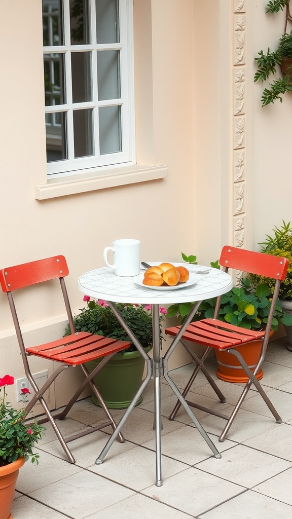 A small patio with a foldable bistro table and two red chairs, set with a coffee cup and pastries, surrounded by plants.
